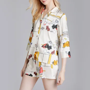 

Print Satin Silk Women Pajama Suit Young Girl Two Piece Sets Top+Short Home Pullover Casual Set 2020 Summer Nightwear 2020