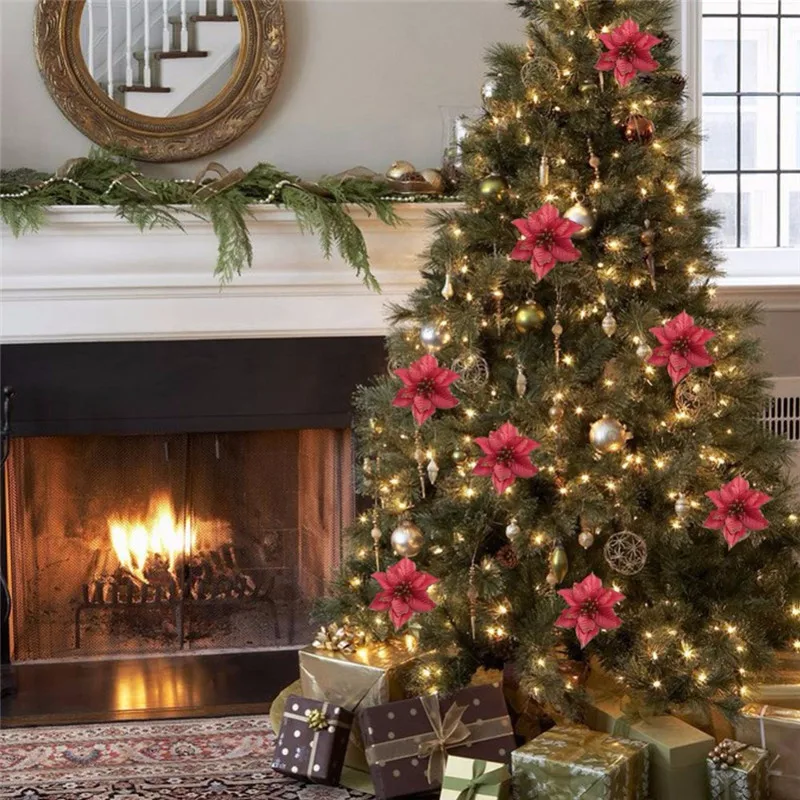 Рождественские елочные украшения Navidad 14 см цветок 10 шт Декор в виде цветка розы Рождественское украшение для дома искусственный цветок, Q