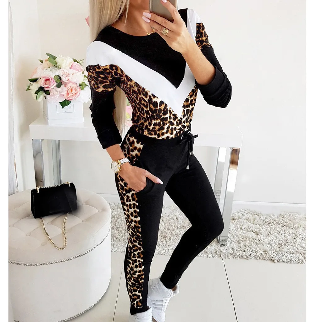 Womail спортивный костюм, женский модный осенний флисовый Леопардовый лоскутный свитер с круглым вырезом+ длинные штаны, комплект из двух предметов, спортивный комплект