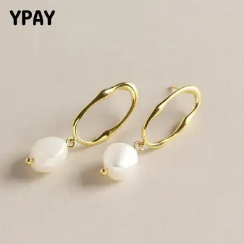 

YPAY Pure 925 Sterling Silver Dangle Earrings Women Gold Plated Natural Baroque Freshwater Pearls INS Irregular Jewelry YME456