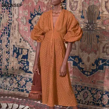 

2020 Summer Vintage Short Sleeve Women Dress V-Neck Hollow Out Knee-Length Puff Sleeve Midi Dresses Female