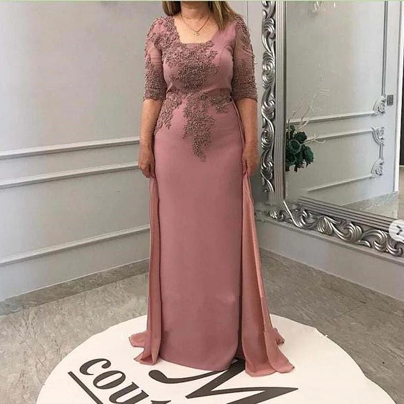 Mother Bride Dresses Mother of the Bride Groom Dress D13 with Overskirt Chiffon Square Neck Half Sleeve Evening Party Wedding Guest Formal Prom Gown
