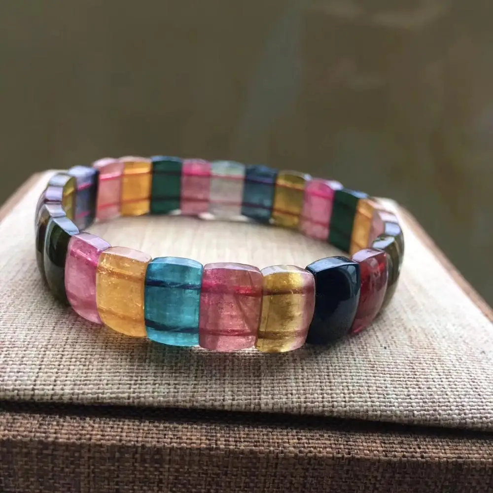

Natural Colorful Tourmaline Quartz Bangle Bracelet For Woman Man Crystal Brazil 12x7.5mm Rectangle Beads Bracelet Jewelry AAAAA