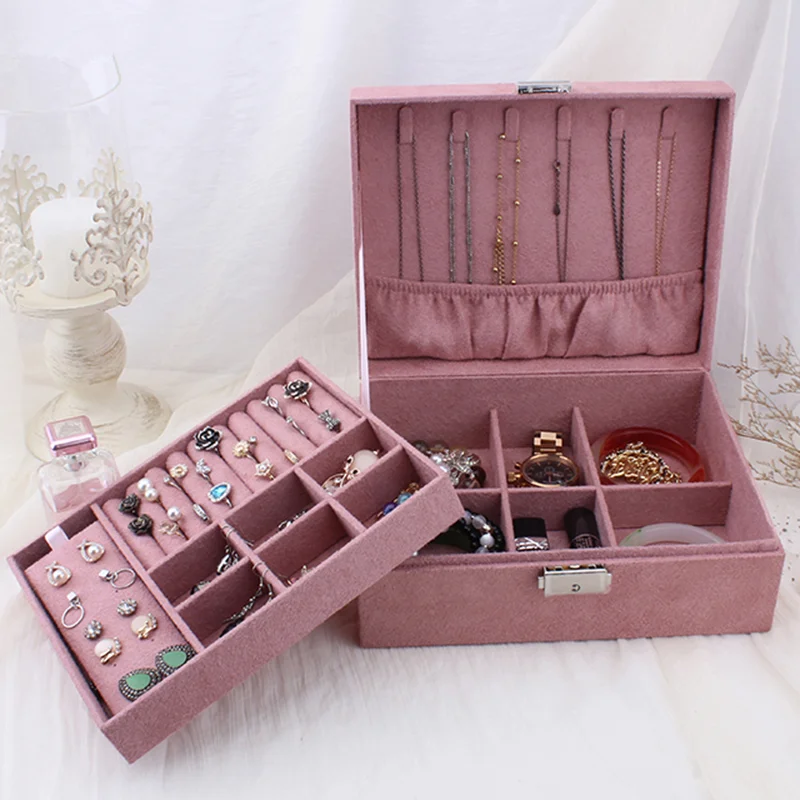 Tanie Dwuwarstwowe aksamitne pudełko na biżuterię europejskie pudełko do przechowywania biżuterii duża przestrzeń stojak na biżuterię pudełko