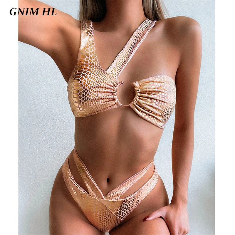 

GNIM Sexy Shiny Swimwear Women Push Up One Shoulder Bikini Mujer 2020 Summer Brazilian Swimsuit Female Two Pieces Halter Biquini