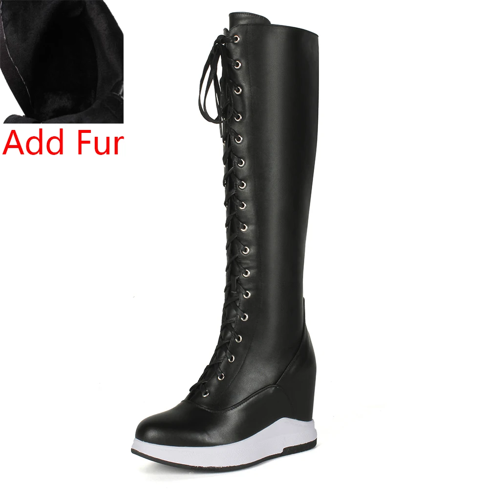SARAIRIS Quality Genuine Leather mid-calf Motorcycle Boots Women Autumn Winter lace-up Height Increasing Shoes Woman 32-40 - Цвет: black style 2 addfur