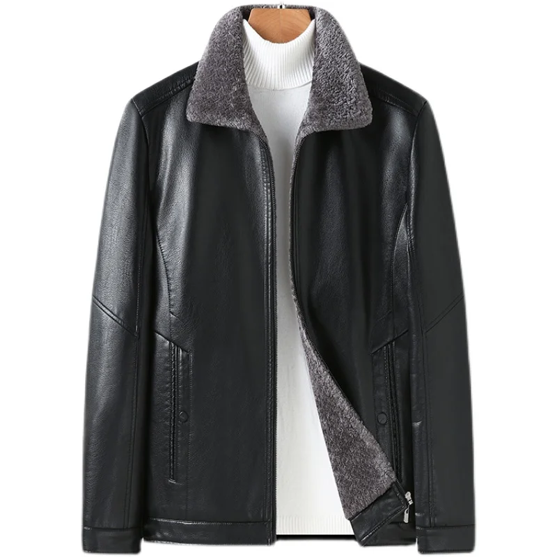 Tops Autumn Winter Solid Color Leather Jackets Men's Plus Velvet Thick Warm Parkas Waterproof Soft Faux Leather Coat For Husband