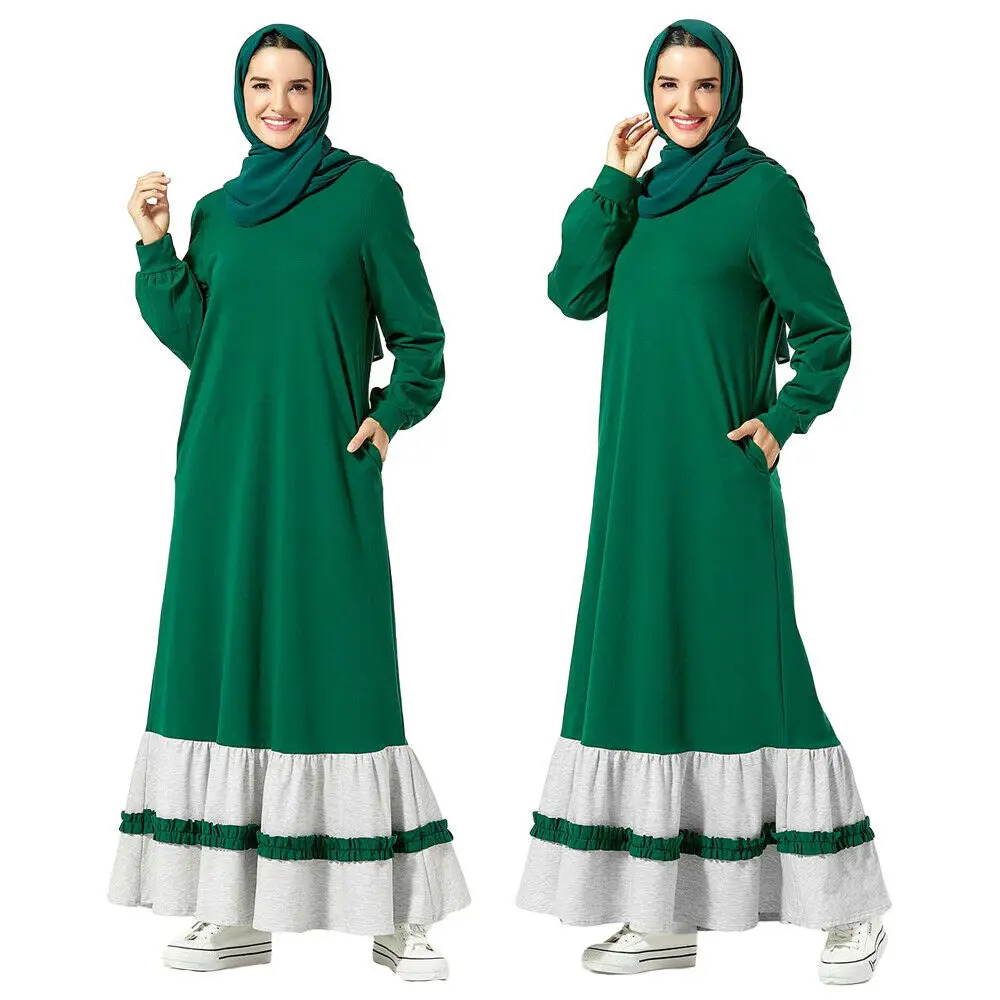 Дубайское мусульманское повседневное Макси платье для женщин jilbabe Islamic abaya Kaftan Толстовка Платье арабское с оборками в стиле пэчворк цвет блок халат Мода