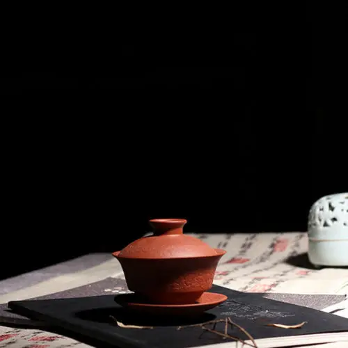 [Великолепно] Φ! Глина Yixing Zisha ручной работы красная чайная чашка Gaiwan с блюдцем чай