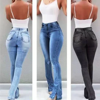 

New fashion Women's Mid-Rise Waist Wide Leg Jeans Ripped Skinny slimming pants Flare Bell Bottom trousers