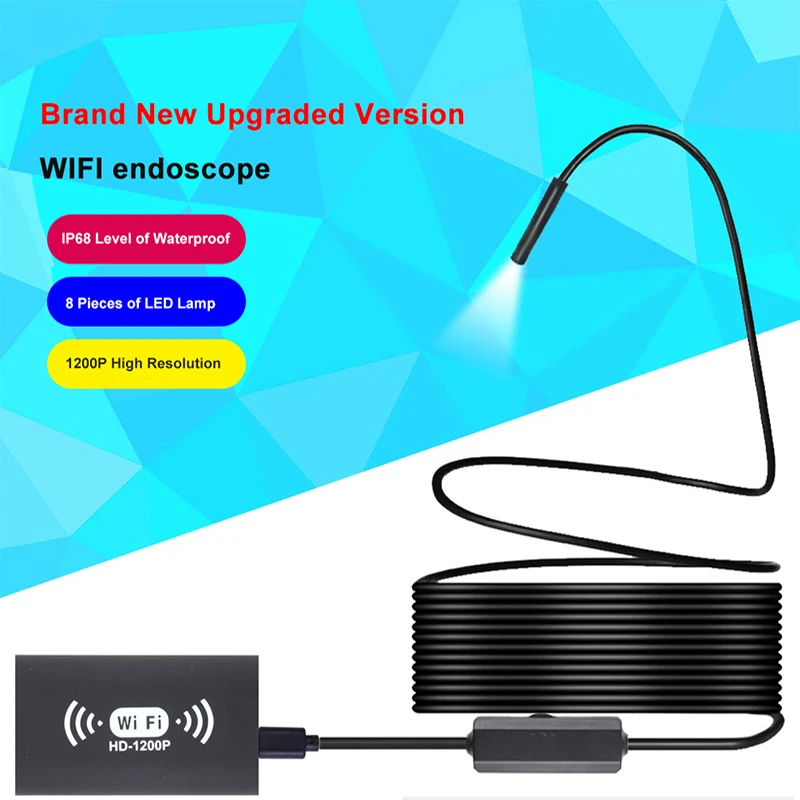 

KPIOCCOK 1M/2M/3.5M/5M/10MM WIFI Endoscope Camera IP68 Waterproof HD 1200P 8LED Hard Wire For Android PC Gift Accessories
