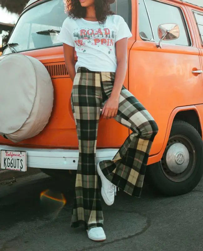 2020 Women Ladies Retro patchwork Plaid Pattern Bell-bottom Long Pants female Fashion Casual long Pants 2020 Women Ladies Retro patchwork Plaid Pattern Bell-bottom Long Pants female Fashion Casual long Pants