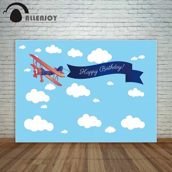 

Allenjoy Bautizo Photocall Blue Sky Plane Ribbon Happy Birthday Phrase Background Cloth Child Newborn Celebrate Event Backdrops