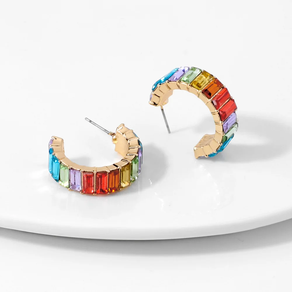 Gorgeous Rainbow hoop earrings for Women Colorful Rectangle Cubic Zirconia Earrings