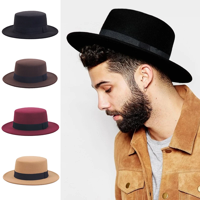 Flat Top Hat Women's Men‘s Felt Wide Brim Fedora Hat Laday Prok Pie