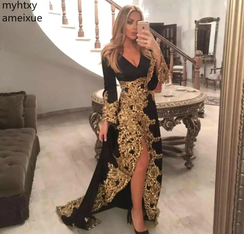 

Black Custom Plus Size V Neck Long Sleeves Evening Dresses 2021 New Arrival Gold Appliques Holiday Wear Formal Party Prom Gowns