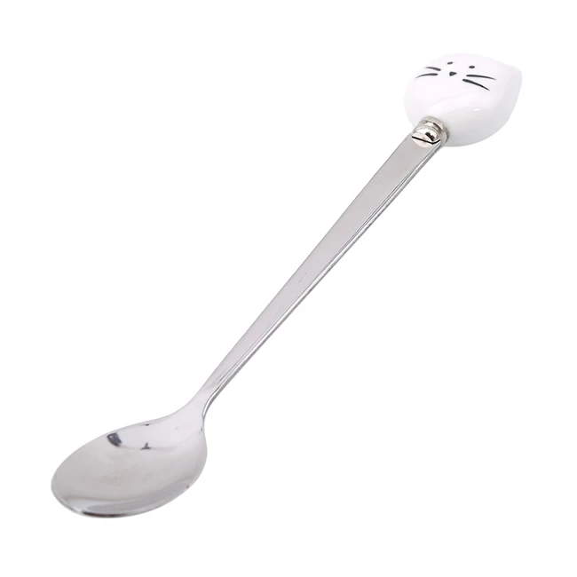 white cat spoon Нержавеющая сталь с длинным перемешиванием ложка, вилка для фруктов Кофе Нержавеющая сталь ложка Керамика ручка вечерние поставки с милым рисунком кота вилка - Цвет: white cat spoon