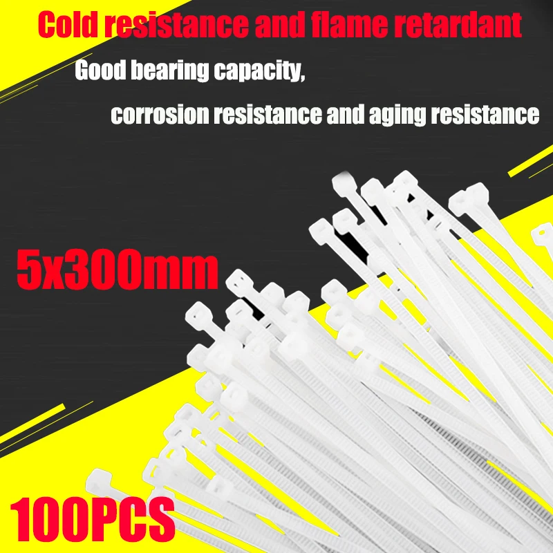 

100PCS self-locking nylon binding band 5*300mm cable binding band fixed plastic binding band harness band black and white