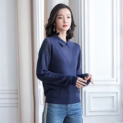 Navy blue Вязаный женский пуловер осенний отложной воротник полый тонкий Однотонный женский обтягивающий пуловер женские вязаные топы - Цвет: Navy blue