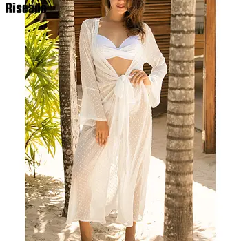 

Riseado Solid Dot Beach Dress Long-sleeve Beach Tunic Knotted Long Beach Cover Ups Mesh Swimsuit 2020 New Summer Beach Wear