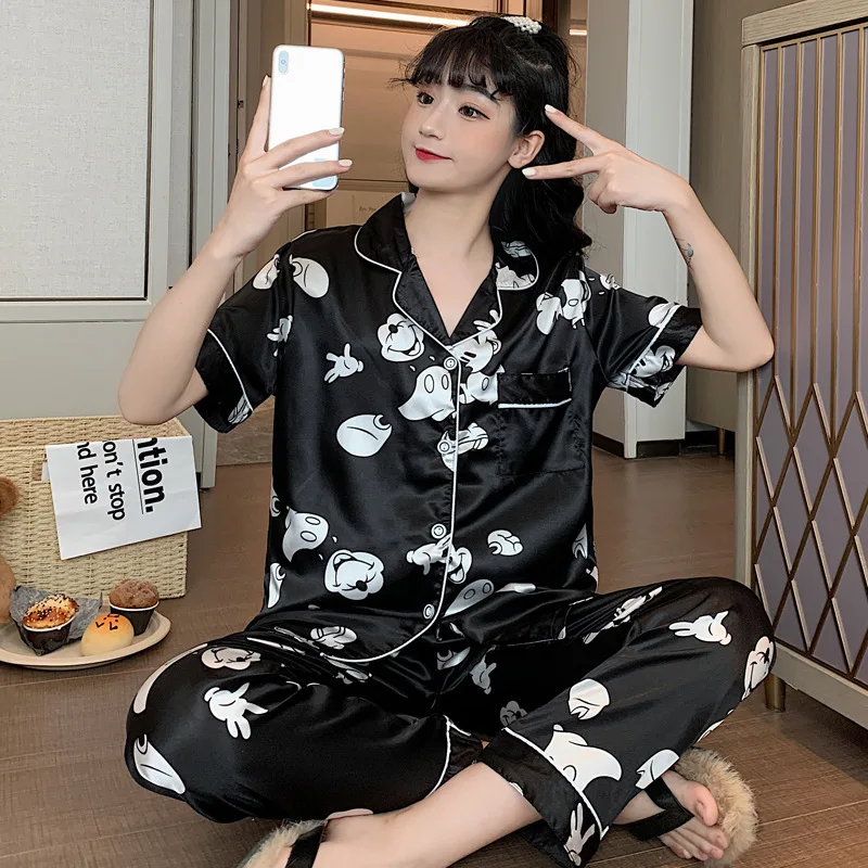 Disney Mickey and Minnie Princess print pajamas women summer short-sleeved trousers thin summer home service suit 2pcs 2