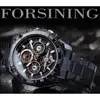 Forsining luxe noir mâle mécanique montre automatique Tourbillon squelette auto vent calendrier lune Phase acier bracelet Mans horloge ► Photo 2/6