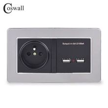 COSWALL настенная розетка, французский стандарт, розетка с двумя USB, умный индукционный порт зарядки, 5 В, 2.1A выход, панель из нержавеющей стали