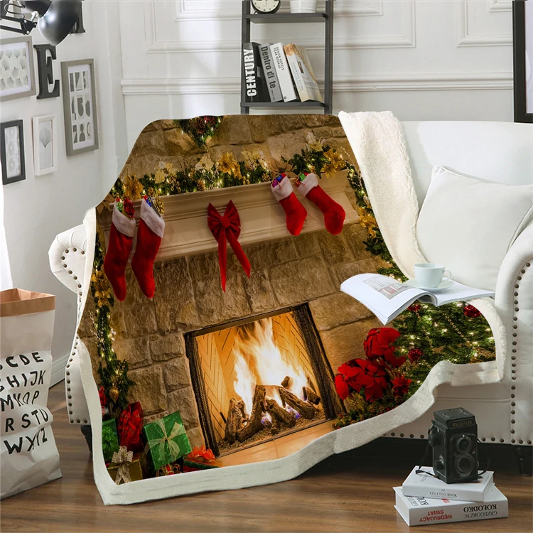 

3D Christmas Fireplace Socks Blanket Warm Throw Flannel Blanket Bedspread on The Bed Merry Christmas for Kids Adults Blanket