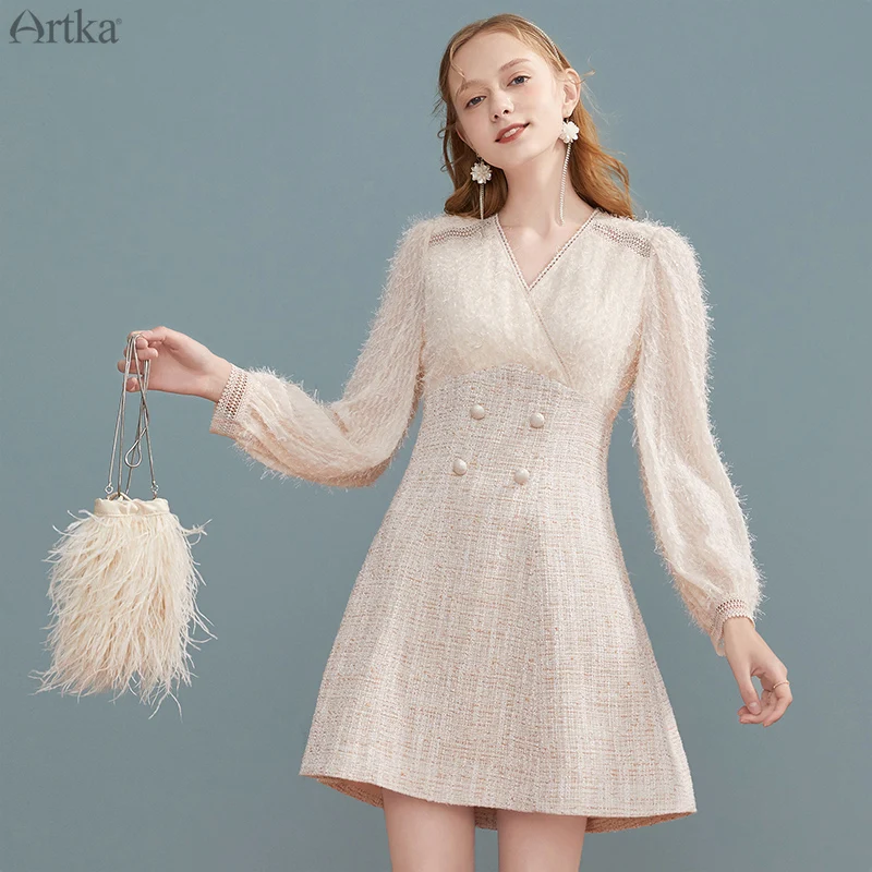 ARTKA 2020 Autumn New Women Dress Elegant Lace V