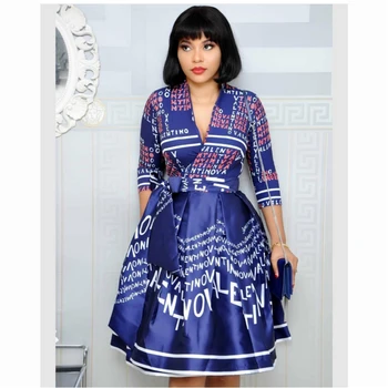

African Fashion Clothing Woman Elegant Letters Ptined Dress Esxy V-neck Party Half Sleeve Dahiki Evening Dresses Belt