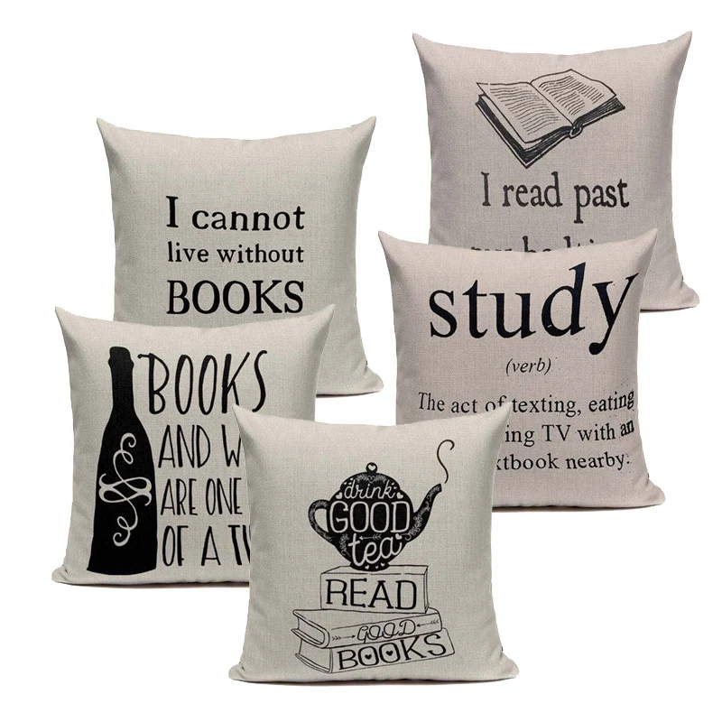 

Book Tea Coffee Wine Cushion Cover Cotton Linen Decorative Pillowcase Chair Seat Letter Slang Pillow Cover Home Living Textile