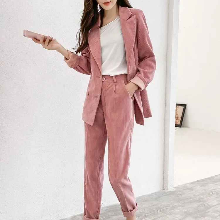 

Autumn Winter Women Corduroy Plus Size Blazer 2 Piece Sets Casual Jacket Tracksuit Pants Suits