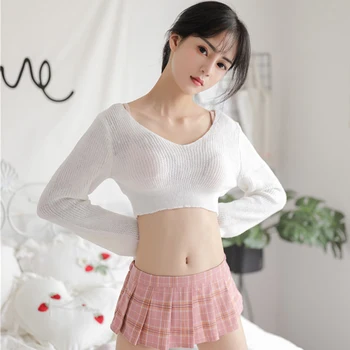 

Sexy v neck Long Sleeve Virgin Killer mini Sweater Japanes Knitted Sexy backless Women Sweaters Pullovers And Mini plaid skirt