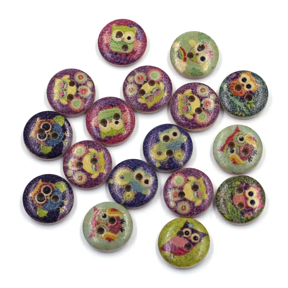 

100Pcs Wooden Buttons Multicolor Owl Animal Patterns Round 2 Holes Wood Sewing Scrapbook Findings 15mm