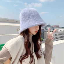 Nouveau chapeau d'hiver pour femmes, couleur unie, en fourrure de lapin, seau, casquette de pêcheur, rétro, tricoté, bassin en laine, à la mode 