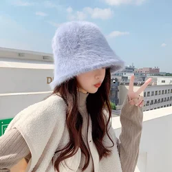 New Hat Winter Women's Fashion Solid Color Rabbit Fur Hat Bucket Cap Fisherman's Hat Retro Knitted Wool Basin Bucket Hat Fashion