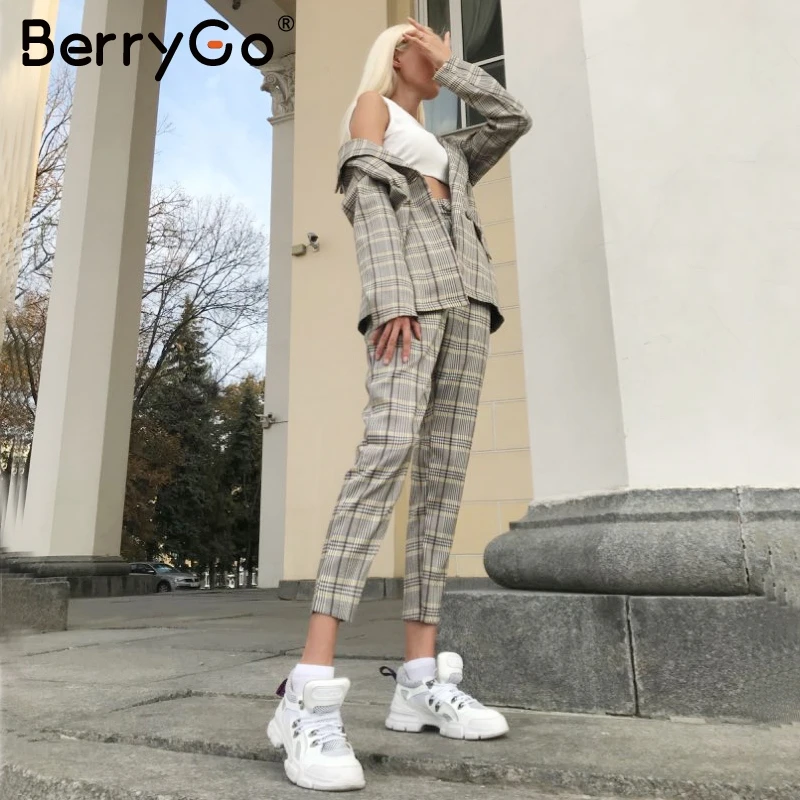 BerryGo элегантный клетчатый Блейзер брюки женские повседневные осенне-зимняя уличная мода Женские Брюки Высокая талия офисные женские брючные костюмы
