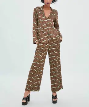 

2019 Women Loose Print Trousers Chiffon Casual Pockets Wide Leg Pants Button High Waist Zipper Ankle-Length Pants