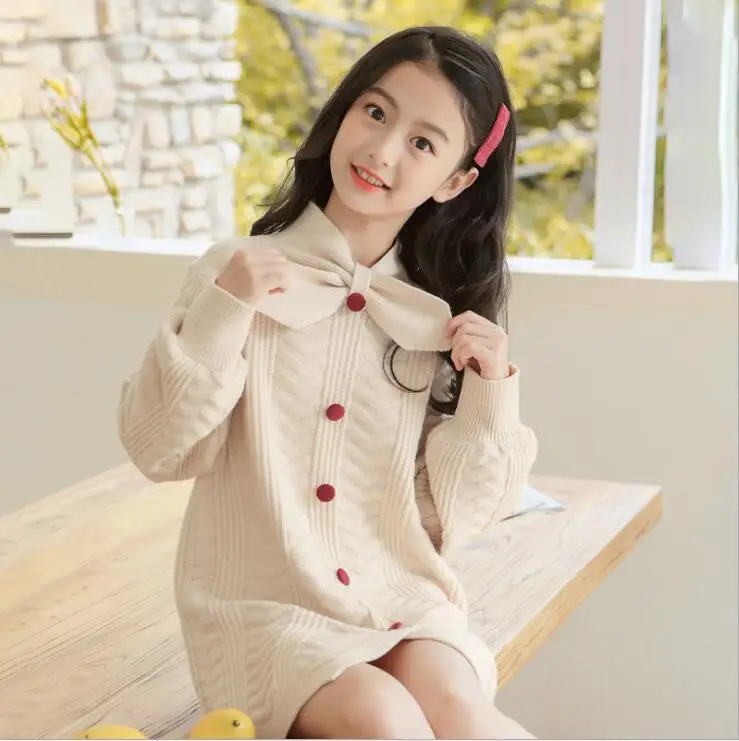 Платье-свитер для девочек; сезон осень-зима; плотная вязка; цвет бежевый, розовый; платья для больших девочек; одежда для подростков; одежда Belle