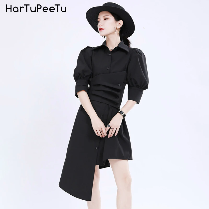 

Lady Oversized Blouse Dress Tunic 2022 Summer Slim Fit Women Long Irregular Shirt with Elastic Corset Puff Sleeve Vestido Mujer