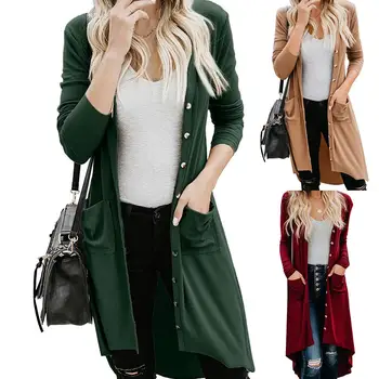 

Fashion Autumn Women Cardigan Long section Solid Color Button Long Sleeve Knitted Cardigan Sweater Coat Outwear