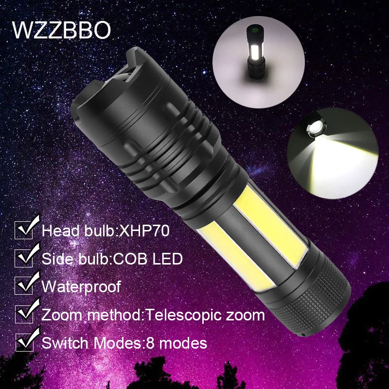 

Powerful LED Flashlight 100000 lumens XHP 70 flashlight 18650 26650 battery self defense camping torch lighter olight portable