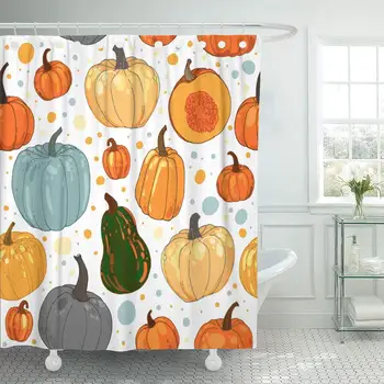 

Fabric Shower Curtain Curtains with Hooks Green Autumn Pattern of Different Colored Pumpkins Autumnal Orange Yellow Harvest
