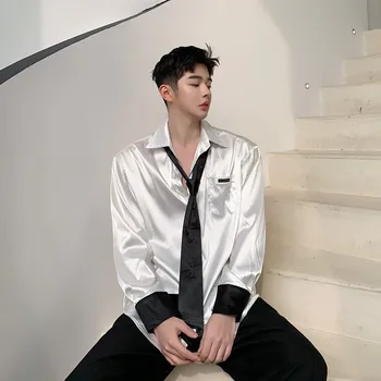 

Male Streetwear Vintage Loose Dress Shirts Men Silky Material College Style Tie Retro Fashion Casual Long Sleeve Shirts