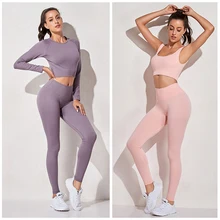 2/3/5 pçs feminino conjunto de treino yogas roupas femininas de fitness manga longa topo de colheita de cintura alta esportes conjuntos de yoga