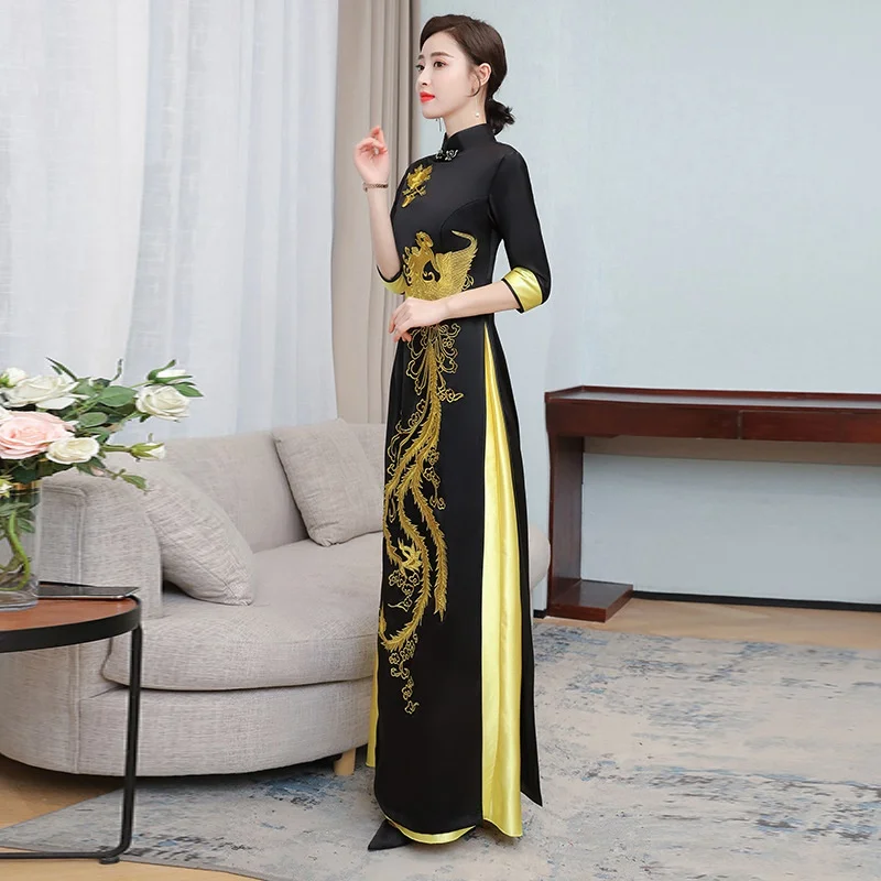Elegant AO DAI dentelle manches courtes A-line Femme Slim Longue Robe Cheongsam S-3XL