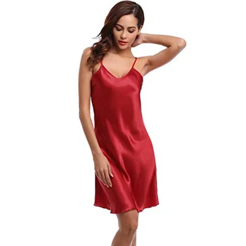 

Solid Lingerie Polyester Summer Sleeveless Sexy Pajamas Women Nightdress Sleepwear Short Sling V Neck Housewear Low Cut