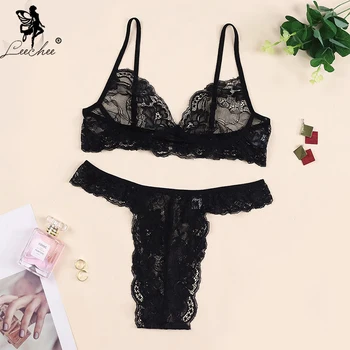 

Leechee Lace Bra set Sexy intimates Lingerie Plus size Wire Free Transparent Bralette+Thong Flower Women's Three-Point Underwear
