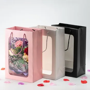 

Portable Handle Flower Bag with Clear Window Gift Packaging Paper Bag for Birthday Wedding Party