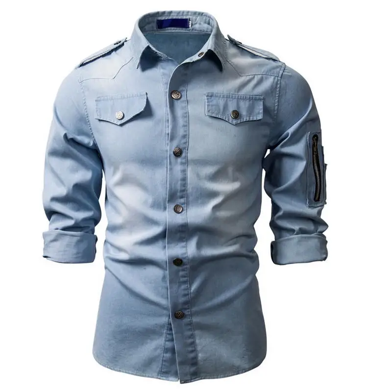 ¡Novedad De otoño e Invierno 2020! Camisa Vaquera De Manga Larga Lavada Para Hombre, Camisa informal Ajustada Con Cuello Cuadrado